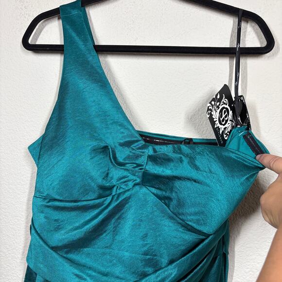 Suzi Chin For Maggy Boutique 16 Satin One Shoulder Dress Green Draped Ruched - Picture 3 of 11